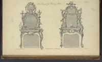Picture 170 of 189 from The gentleman and cabinet-maker's director : being a large collection of the most elegant and useful designs of household furniture, in the most fashionable taste : including a great variety of chairs, cofas, beds, and couches : china-tables, dressing-tables, shaving-tables, bason-stands, and teakettle-stands : frames for marble-slabs, bureau-dressing-tables, and commodes : writing-tables, and library-tables : library-book-cases, organ-cases for private rooms, or churches, desks, and book-cases : dressing and writing-tables with book-cases, toilets, cabinets, and cloaths-presses : china-cases, china-shelves, and book-shelves : candle-stands, terms for busts, stands for china jars, and pedestals : cisterns for water, lanthorns, and chandeliers : fire-screens, brackets, and clock-cases : pier-glasses, and table-frames : girandoles, chimney-pieces, and picture-frames : stove-grates, boarders, frets, Chinese-railing, and brass-work, for furniture : and other ornaments : to which is prefixed, a short explanation of the five orders of architecture : with proper directions for executing the most difficult pieces, the mouldings being exhibited at large, and the dimensions of each design specified : the whole comprehended in two hundred copper-plates, neatly engraved ... (1762), leaf 388