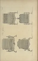 An illustration from The gentleman and cabinet-maker's director : being a large collection of the most elegant and useful designs of household furniture, in the most fashionable taste : including a great variety of chairs, cofas, beds, and couches : china-tables, dressing-tables, shaving-tables, bason-stands, and teakettle-stands : frames for marble-slabs, bureau-dressing-tables, and commodes : writing-tables, and library-tables : library-book-cases, organ-cases for private rooms, or churches, desks, and book-cases : dressing and writing-tables with book-cases, toilets, cabinets, and cloaths-presses : china-cases, china-shelves, and book-shelves : candle-stands, terms for busts, stands for china jars, and pedestals : cisterns for water, lanthorns, and chandeliers : fire-screens, brackets, and clock-cases : pier-glasses, and table-frames : girandoles, chimney-pieces, and picture-frames : stove-grates, boarders, frets, Chinese-railing, and brass-work, for furniture : and other ornaments : to which is prefixed, a short explanation of the five orders of architecture : with proper directions for executing the most difficult pieces, the mouldings being exhibited at large, and the dimensions of each design specified : the whole comprehended in two hundred copper-plates, neatly engraved ... (1762)