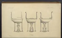 An illustration from The gentleman and cabinet-maker's director : being a large collection of the most elegant and useful designs of household furniture, in the most fashionable taste : including a great variety of chairs, cofas, beds, and couches : china-tables, dressing-tables, shaving-tables, bason-stands, and teakettle-stands : frames for marble-slabs, bureau-dressing-tables, and commodes : writing-tables, and library-tables : library-book-cases, organ-cases for private rooms, or churches, desks, and book-cases : dressing and writing-tables with book-cases, toilets, cabinets, and cloaths-presses : china-cases, china-shelves, and book-shelves : candle-stands, terms for busts, stands for china jars, and pedestals : cisterns for water, lanthorns, and chandeliers : fire-screens, brackets, and clock-cases : pier-glasses, and table-frames : girandoles, chimney-pieces, and picture-frames : stove-grates, boarders, frets, Chinese-railing, and brass-work, for furniture : and other ornaments : to which is prefixed, a short explanation of the five orders of architecture : with proper directions for executing the most difficult pieces, the mouldings being exhibited at large, and the dimensions of each design specified : the whole comprehended in two hundred copper-plates, neatly engraved ... (1762)