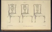 Picture 12 of 189 from The gentleman and cabinet-maker's director : being a large collection of the most elegant and useful designs of household furniture, in the most fashionable taste : including a great variety of chairs, cofas, beds, and couches : china-tables, dressing-tables, shaving-tables, bason-stands, and teakettle-stands : frames for marble-slabs, bureau-dressing-tables, and commodes : writing-tables, and library-tables : library-book-cases, organ-cases for private rooms, or churches, desks, and book-cases : dressing and writing-tables with book-cases, toilets, cabinets, and cloaths-presses : china-cases, china-shelves, and book-shelves : candle-stands, terms for busts, stands for china jars, and pedestals : cisterns for water, lanthorns, and chandeliers : fire-screens, brackets, and clock-cases : pier-glasses, and table-frames : girandoles, chimney-pieces, and picture-frames : stove-grates, boarders, frets, Chinese-railing, and brass-work, for furniture : and other ornaments : to which is prefixed, a short explanation of the five orders of architecture : with proper directions for executing the most difficult pieces, the mouldings being exhibited at large, and the dimensions of each design specified : the whole comprehended in two hundred copper-plates, neatly engraved ... (1762), leaf 50