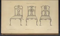 An illustration from The gentleman and cabinet-maker's director : being a large collection of the most elegant and useful designs of household furniture, in the most fashionable taste : including a great variety of chairs, cofas, beds, and couches : china-tables, dressing-tables, shaving-tables, bason-stands, and teakettle-stands : frames for marble-slabs, bureau-dressing-tables, and commodes : writing-tables, and library-tables : library-book-cases, organ-cases for private rooms, or churches, desks, and book-cases : dressing and writing-tables with book-cases, toilets, cabinets, and cloaths-presses : china-cases, china-shelves, and book-shelves : candle-stands, terms for busts, stands for china jars, and pedestals : cisterns for water, lanthorns, and chandeliers : fire-screens, brackets, and clock-cases : pier-glasses, and table-frames : girandoles, chimney-pieces, and picture-frames : stove-grates, boarders, frets, Chinese-railing, and brass-work, for furniture : and other ornaments : to which is prefixed, a short explanation of the five orders of architecture : with proper directions for executing the most difficult pieces, the mouldings being exhibited at large, and the dimensions of each design specified : the whole comprehended in two hundred copper-plates, neatly engraved ... (1762)