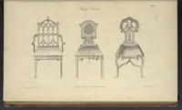 Picture 17 of 189 from The gentleman and cabinet-maker's director : being a large collection of the most elegant and useful designs of household furniture, in the most fashionable taste : including a great variety of chairs, cofas, beds, and couches : china-tables, dressing-tables, shaving-tables, bason-stands, and teakettle-stands : frames for marble-slabs, bureau-dressing-tables, and commodes : writing-tables, and library-tables : library-book-cases, organ-cases for private rooms, or churches, desks, and book-cases : dressing and writing-tables with book-cases, toilets, cabinets, and cloaths-presses : china-cases, china-shelves, and book-shelves : candle-stands, terms for busts, stands for china jars, and pedestals : cisterns for water, lanthorns, and chandeliers : fire-screens, brackets, and clock-cases : pier-glasses, and table-frames : girandoles, chimney-pieces, and picture-frames : stove-grates, boarders, frets, Chinese-railing, and brass-work, for furniture : and other ornaments : to which is prefixed, a short explanation of the five orders of architecture : with proper directions for executing the most difficult pieces, the mouldings being exhibited at large, and the dimensions of each design specified : the whole comprehended in two hundred copper-plates, neatly engraved ... (1762), leaf 62