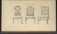 An illustration from The gentleman and cabinet-maker's director : being a large collection of the most elegant and useful designs of household furniture, in the most fashionable taste : including a great variety of chairs, cofas, beds, and couches : china-tables, dressing-tables, shaving-tables, bason-stands, and teakettle-stands : frames for marble-slabs, bureau-dressing-tables, and commodes : writing-tables, and library-tables : library-book-cases, organ-cases for private rooms, or churches, desks, and book-cases : dressing and writing-tables with book-cases, toilets, cabinets, and cloaths-presses : china-cases, china-shelves, and book-shelves : candle-stands, terms for busts, stands for china jars, and pedestals : cisterns for water, lanthorns, and chandeliers : fire-screens, brackets, and clock-cases : pier-glasses, and table-frames : girandoles, chimney-pieces, and picture-frames : stove-grates, boarders, frets, Chinese-railing, and brass-work, for furniture : and other ornaments : to which is prefixed, a short explanation of the five orders of architecture : with proper directions for executing the most difficult pieces, the mouldings being exhibited at large, and the dimensions of each design specified : the whole comprehended in two hundred copper-plates, neatly engraved ... (1762)