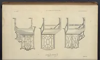 An illustration from The gentleman and cabinet-maker's director : being a large collection of the most elegant and useful designs of household furniture, in the most fashionable taste : including a great variety of chairs, cofas, beds, and couches : china-tables, dressing-tables, shaving-tables, bason-stands, and teakettle-stands : frames for marble-slabs, bureau-dressing-tables, and commodes : writing-tables, and library-tables : library-book-cases, organ-cases for private rooms, or churches, desks, and book-cases : dressing and writing-tables with book-cases, toilets, cabinets, and cloaths-presses : china-cases, china-shelves, and book-shelves : candle-stands, terms for busts, stands for china jars, and pedestals : cisterns for water, lanthorns, and chandeliers : fire-screens, brackets, and clock-cases : pier-glasses, and table-frames : girandoles, chimney-pieces, and picture-frames : stove-grates, boarders, frets, Chinese-railing, and brass-work, for furniture : and other ornaments : to which is prefixed, a short explanation of the five orders of architecture : with proper directions for executing the most difficult pieces, the mouldings being exhibited at large, and the dimensions of each design specified : the whole comprehended in two hundred copper-plates, neatly engraved ... (1762)