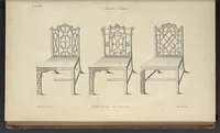 Picture 27 of 189 from The gentleman and cabinet-maker's director : being a large collection of the most elegant and useful designs of household furniture, in the most fashionable taste : including a great variety of chairs, cofas, beds, and couches : china-tables, dressing-tables, shaving-tables, bason-stands, and teakettle-stands : frames for marble-slabs, bureau-dressing-tables, and commodes : writing-tables, and library-tables : library-book-cases, organ-cases for private rooms, or churches, desks, and book-cases : dressing and writing-tables with book-cases, toilets, cabinets, and cloaths-presses : china-cases, china-shelves, and book-shelves : candle-stands, terms for busts, stands for china jars, and pedestals : cisterns for water, lanthorns, and chandeliers : fire-screens, brackets, and clock-cases : pier-glasses, and table-frames : girandoles, chimney-pieces, and picture-frames : stove-grates, boarders, frets, Chinese-railing, and brass-work, for furniture : and other ornaments : to which is prefixed, a short explanation of the five orders of architecture : with proper directions for executing the most difficult pieces, the mouldings being exhibited at large, and the dimensions of each design specified : the whole comprehended in two hundred copper-plates, neatly engraved ... (1762), leaf 82