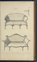 Picture 28 of 189 from The gentleman and cabinet-maker's director : being a large collection of the most elegant and useful designs of household furniture, in the most fashionable taste : including a great variety of chairs, cofas, beds, and couches : china-tables, dressing-tables, shaving-tables, bason-stands, and teakettle-stands : frames for marble-slabs, bureau-dressing-tables, and commodes : writing-tables, and library-tables : library-book-cases, organ-cases for private rooms, or churches, desks, and book-cases : dressing and writing-tables with book-cases, toilets, cabinets, and cloaths-presses : china-cases, china-shelves, and book-shelves : candle-stands, terms for busts, stands for china jars, and pedestals : cisterns for water, lanthorns, and chandeliers : fire-screens, brackets, and clock-cases : pier-glasses, and table-frames : girandoles, chimney-pieces, and picture-frames : stove-grates, boarders, frets, Chinese-railing, and brass-work, for furniture : and other ornaments : to which is prefixed, a short explanation of the five orders of architecture : with proper directions for executing the most difficult pieces, the mouldings being exhibited at large, and the dimensions of each design specified : the whole comprehended in two hundred copper-plates, neatly engraved ... (1762), leaf 84