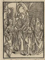 An illustration from Methodius primũ olympiade : et postea Tyrii ciuitatum episcopus. ... multa edidit documẽta et presertim de mundi creatione eidem in carcere reuelata ..