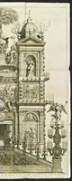 An illustration from Roma festeggiante nel Monte Pincio : negli applausi alle glorie della pietà del cristianissimo Lodovico il Grande, in occasione della da lui estirpata eresia, mediante l'editto di Fontanablò 1685, e della ricuperata sua salute celebrati dall' eminentissimo e reuerendissimo principe il signor cardinal d'Estrées .. (1687)