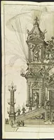 An illustration from Roma festeggiante nel Monte Pincio : negli applausi alle glorie della pietà del cristianissimo Lodovico il Grande, in occasione della da lui estirpata eresia, mediante l'editto di Fontanablò 1685, e della ricuperata sua salute celebrati dall' eminentissimo e reuerendissimo principe il signor cardinal d'Estrées .. (1687)