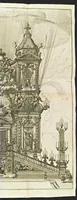 An illustration from Roma festeggiante nel Monte Pincio : negli applausi alle glorie della pietà del cristianissimo Lodovico il Grande, in occasione della da lui estirpata eresia, mediante l'editto di Fontanablò 1685, e della ricuperata sua salute celebrati dall' eminentissimo e reuerendissimo principe il signor cardinal d'Estrées .. (1687)