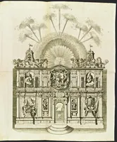 An illustration from Roma festeggiante nel Monte Pincio : negli applausi alle glorie della pietà del cristianissimo Lodovico il Grande, in occasione della da lui estirpata eresia, mediante l'editto di Fontanablò 1685, e della ricuperata sua salute celebrati dall' eminentissimo e reuerendissimo principe il signor cardinal d'Estrées .. (1687)
