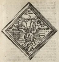 An illustration from Spelen va[n] zi[n]ne byden xix. gheco[n]firmeirde[n] cameren van rhetorijcken : binne[n[ der stede van Ghendt co[m]parerende, [ver]tooght, volghende den octroye vander K. Maiesteyt, Graue va[n] Vlaendren, onzen gheduchte[n] heere, schepenen der zeluer stede en[de] camere van rhetorijcke vand' helighe Drivuldigheyt ghezeyt de Fonteynisten, verleent, en[de] der quarte wtghezo[n]de[n] op de questye welc de[n] me[n]sche steruen[de] meesten troost es : de zelue spelen beghinnende by ordre zoo, hier naer volght den xij. junij int jaer MCCCCCxxxix, en[de] wierden vulspeilt en[de] ghehendt den xxiij. vanden jare en[de] maendt voorschreuen (1539)
