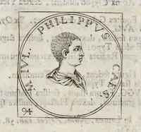 An illustration from Imperatorum Romanorum numismata a Pompeo Magno ad Heraclium ab Adolfo Occone olim congesta : nunc Augustorum iconibus, perpetuis historico-chronologicis notis, pluribusque additamentis illustrata, & aucta. Sac. Caesareae et Regiae Maiestati Inuictissimi, et Clementissimi Leopoldi Primi Optimi Maximi, Augustorum Augusti exhibita studio, et cura Francisci Mediobarbi Biragi S.R.I. comitis, & regiae ciuitatis Papiae decurionis (1683)