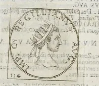 An illustration from Imperatorum Romanorum numismata a Pompeo Magno ad Heraclium ab Adolfo Occone olim congesta : nunc Augustorum iconibus, perpetuis historico-chronologicis notis, pluribusque additamentis illustrata, & aucta. Sac. Caesareae et Regiae Maiestati Inuictissimi, et Clementissimi Leopoldi Primi Optimi Maximi, Augustorum Augusti exhibita studio, et cura Francisci Mediobarbi Biragi S.R.I. comitis, & regiae ciuitatis Papiae decurionis (1683)