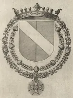 An illustration from Les noms, surnoms, qualitez, armes, et blasons des cheualiers et officiers de l'Ordre du S. Esprit : creez par Louis le Iuste, XIII du nom, roy de France et de Navarre, a Fontainebleau, le 14 May 1633 : auec les figures en taille-douces, curieusement grauées, et representant au vray les ceremonies et vestemens desdits sieurs cheualiers : et vn ample discours sur ce qui s'y est passé (1634)