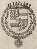An illustration from Les noms, surnoms, qualitez, armes, et blasons des cheualiers et officiers de l'Ordre du S. Esprit : creez par Louis le Iuste, XIII du nom, roy de France et de Navarre, a Fontainebleau, le 14 May 1633 : auec les figures en taille-douces, curieusement grauées, et representant au vray les ceremonies et vestemens desdits sieurs cheualiers : et vn ample discours sur ce qui s'y est passé (1634)