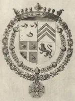 An illustration from Les noms, surnoms, qualitez, armes, et blasons des cheualiers et officiers de l'Ordre du S. Esprit : creez par Louis le Iuste, XIII du nom, roy de France et de Navarre, a Fontainebleau, le 14 May 1633 : auec les figures en taille-douces, curieusement grauées, et representant au vray les ceremonies et vestemens desdits sieurs cheualiers : et vn ample discours sur ce qui s'y est passé (1634)
