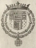 An illustration from Les noms, surnoms, qualitez, armes, et blasons des cheualiers et officiers de l'Ordre du S. Esprit : creez par Louis le Iuste, XIII du nom, roy de France et de Navarre, a Fontainebleau, le 14 May 1633 : auec les figures en taille-douces, curieusement grauées, et representant au vray les ceremonies et vestemens desdits sieurs cheualiers : et vn ample discours sur ce qui s'y est passé (1634)