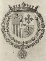 An illustration from Les noms, surnoms, qualitez, armes, et blasons des cheualiers et officiers de l'Ordre du S. Esprit : creez par Louis le Iuste, XIII du nom, roy de France et de Navarre, a Fontainebleau, le 14 May 1633 : auec les figures en taille-douces, curieusement grauées, et representant au vray les ceremonies et vestemens desdits sieurs cheualiers : et vn ample discours sur ce qui s'y est passé (1634)