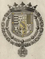 An illustration from Les noms, surnoms, qualitez, armes, et blasons des cheualiers et officiers de l'Ordre du S. Esprit : creez par Louis le Iuste, XIII du nom, roy de France et de Navarre, a Fontainebleau, le 14 May 1633 : auec les figures en taille-douces, curieusement grauées, et representant au vray les ceremonies et vestemens desdits sieurs cheualiers : et vn ample discours sur ce qui s'y est passé (1634)