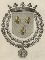 An illustration from Les noms, surnoms, qualitez, armes, et blasons des cheualiers et officiers de l'Ordre du S. Esprit : creez par Louis le Iuste, XIII du nom, roy de France et de Navarre, a Fontainebleau, le 14 May 1633 : auec les figures en taille-douces, curieusement grauées, et representant au vray les ceremonies et vestemens desdits sieurs cheualiers : et vn ample discours sur ce qui s'y est passé (1634)