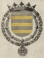 An illustration from Les noms, surnoms, qualitez, armes, et blasons des cheualiers et officiers de l'Ordre du S. Esprit : creez par Louis le Iuste, XIII du nom, roy de France et de Navarre, a Fontainebleau, le 14 May 1633 : auec les figures en taille-douces, curieusement grauées, et representant au vray les ceremonies et vestemens desdits sieurs cheualiers : et vn ample discours sur ce qui s'y est passé (1634)