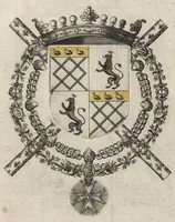 An illustration from Les noms, surnoms, qualitez, armes, et blasons des cheualiers et officiers de l'Ordre du S. Esprit : creez par Louis le Iuste, XIII du nom, roy de France et de Navarre, a Fontainebleau, le 14 May 1633 : auec les figures en taille-douces, curieusement grauées, et representant au vray les ceremonies et vestemens desdits sieurs cheualiers : et vn ample discours sur ce qui s'y est passé (1634)