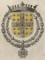 An illustration from Les noms, surnoms, qualitez, armes, et blasons des cheualiers et officiers de l'Ordre du S. Esprit : creez par Louis le Iuste, XIII du nom, roy de France et de Navarre, a Fontainebleau, le 14 May 1633 : auec les figures en taille-douces, curieusement grauées, et representant au vray les ceremonies et vestemens desdits sieurs cheualiers : et vn ample discours sur ce qui s'y est passé (1634)