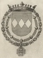 An illustration from Les noms, surnoms, qualitez, armes, et blasons des cheualiers et officiers de l'Ordre du S. Esprit : creez par Louis le Iuste, XIII du nom, roy de France et de Navarre, a Fontainebleau, le 14 May 1633 : auec les figures en taille-douces, curieusement grauées, et representant au vray les ceremonies et vestemens desdits sieurs cheualiers : et vn ample discours sur ce qui s'y est passé (1634)
