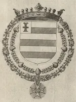 Picture 16 of 23 from Les noms, surnoms, qualitez, armes, et blasons des cheualiers et officiers de l'Ordre du S. Esprit : creez par Louis le Iuste, XIII du nom, roy de France et de Navarre, a Fontainebleau, le 14 May 1633 : auec les figures en taille-douces, curieusement grauées, et representant au vray les ceremonies et vestemens desdits sieurs cheualiers : et vn ample discours sur ce qui s'y est passé (1634), leaf 98