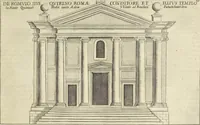 An illustration from Splendore dell'antica e moderna Roma : nel qvale si rappresentano tutti i principali tempii, teatri, anfiteatri, cerchi, naumachie, archi trionfali, obelischi, palagii, terme, curie, basiliche, fatti delli ré, consoli, dittatori, & imperadori romani : dignità ciuili, e militari, ordine de' trionfi, nomi di tutti i trionfanti, sacrificio militare; colonna Traiana, colonna Antonina, colonna milliaria, colonna rostrata, & colonna bellica; con li più segnalati giardini de gli antichi, e moderni Romani & altre cose notabili, con fatti, & imprese di quelli, da'quali sono stati eretti, e dedicati. : et in questa vltima impressione abbellito di molti disegni antichi, e moderni; & aggiuntoui le descrittioni delle figure cauate dall'antichi medaglie de gl'imperadori, in quatto linguagi latino, italiano, tedesco, e francese, per vtilità commune (1641)