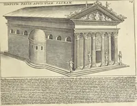An illustration from Splendore dell'antica e moderna Roma : nel qvale si rappresentano tutti i principali tempii, teatri, anfiteatri, cerchi, naumachie, archi trionfali, obelischi, palagii, terme, curie, basiliche, fatti delli ré, consoli, dittatori, & imperadori romani : dignità ciuili, e militari, ordine de' trionfi, nomi di tutti i trionfanti, sacrificio militare; colonna Traiana, colonna Antonina, colonna milliaria, colonna rostrata, & colonna bellica; con li più segnalati giardini de gli antichi, e moderni Romani & altre cose notabili, con fatti, & imprese di quelli, da'quali sono stati eretti, e dedicati. : et in questa vltima impressione abbellito di molti disegni antichi, e moderni; & aggiuntoui le descrittioni delle figure cauate dall'antichi medaglie de gl'imperadori, in quatto linguagi latino, italiano, tedesco, e francese, per vtilità commune (1641)