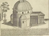 An illustration from Splendore dell'antica e moderna Roma : nel qvale si rappresentano tutti i principali tempii, teatri, anfiteatri, cerchi, naumachie, archi trionfali, obelischi, palagii, terme, curie, basiliche, fatti delli ré, consoli, dittatori, & imperadori romani : dignità ciuili, e militari, ordine de' trionfi, nomi di tutti i trionfanti, sacrificio militare; colonna Traiana, colonna Antonina, colonna milliaria, colonna rostrata, & colonna bellica; con li più segnalati giardini de gli antichi, e moderni Romani & altre cose notabili, con fatti, & imprese di quelli, da'quali sono stati eretti, e dedicati. : et in questa vltima impressione abbellito di molti disegni antichi, e moderni; & aggiuntoui le descrittioni delle figure cauate dall'antichi medaglie de gl'imperadori, in quatto linguagi latino, italiano, tedesco, e francese, per vtilità commune (1641)