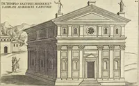 Picture 44 of 168 from Splendore dell'antica e moderna Roma : nel qvale si rappresentano tutti i principali tempii, teatri, anfiteatri, cerchi, naumachie, archi trionfali, obelischi, palagii, terme, curie, basiliche, fatti delli ré, consoli, dittatori, & imperadori romani : dignità ciuili, e militari, ordine de' trionfi, nomi di tutti i trionfanti, sacrificio militare; colonna Traiana, colonna Antonina, colonna milliaria, colonna rostrata, & colonna bellica; con li più segnalati giardini de gli antichi, e moderni Romani & altre cose notabili, con fatti, & imprese di quelli, da'quali sono stati eretti, e dedicati. : et in questa vltima impressione abbellito di molti disegni antichi, e moderni; & aggiuntoui le descrittioni delle figure cauate dall'antichi medaglie de gl'imperadori, in quatto linguagi latino, italiano, tedesco, e francese, per vtilità commune (1641), leaf 106