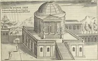 An illustration from Splendore dell'antica e moderna Roma : nel qvale si rappresentano tutti i principali tempii, teatri, anfiteatri, cerchi, naumachie, archi trionfali, obelischi, palagii, terme, curie, basiliche, fatti delli ré, consoli, dittatori, & imperadori romani : dignità ciuili, e militari, ordine de' trionfi, nomi di tutti i trionfanti, sacrificio militare; colonna Traiana, colonna Antonina, colonna milliaria, colonna rostrata, & colonna bellica; con li più segnalati giardini de gli antichi, e moderni Romani & altre cose notabili, con fatti, & imprese di quelli, da'quali sono stati eretti, e dedicati. : et in questa vltima impressione abbellito di molti disegni antichi, e moderni; & aggiuntoui le descrittioni delle figure cauate dall'antichi medaglie de gl'imperadori, in quatto linguagi latino, italiano, tedesco, e francese, per vtilità commune (1641)