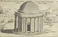An illustration from Splendore dell'antica e moderna Roma : nel qvale si rappresentano tutti i principali tempii, teatri, anfiteatri, cerchi, naumachie, archi trionfali, obelischi, palagii, terme, curie, basiliche, fatti delli ré, consoli, dittatori, & imperadori romani : dignità ciuili, e militari, ordine de' trionfi, nomi di tutti i trionfanti, sacrificio militare; colonna Traiana, colonna Antonina, colonna milliaria, colonna rostrata, & colonna bellica; con li più segnalati giardini de gli antichi, e moderni Romani & altre cose notabili, con fatti, & imprese di quelli, da'quali sono stati eretti, e dedicati. : et in questa vltima impressione abbellito di molti disegni antichi, e moderni; & aggiuntoui le descrittioni delle figure cauate dall'antichi medaglie de gl'imperadori, in quatto linguagi latino, italiano, tedesco, e francese, per vtilità commune (1641)