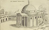 An illustration from Splendore dell'antica e moderna Roma : nel qvale si rappresentano tutti i principali tempii, teatri, anfiteatri, cerchi, naumachie, archi trionfali, obelischi, palagii, terme, curie, basiliche, fatti delli ré, consoli, dittatori, & imperadori romani : dignità ciuili, e militari, ordine de' trionfi, nomi di tutti i trionfanti, sacrificio militare; colonna Traiana, colonna Antonina, colonna milliaria, colonna rostrata, & colonna bellica; con li più segnalati giardini de gli antichi, e moderni Romani & altre cose notabili, con fatti, & imprese di quelli, da'quali sono stati eretti, e dedicati. : et in questa vltima impressione abbellito di molti disegni antichi, e moderni; & aggiuntoui le descrittioni delle figure cauate dall'antichi medaglie de gl'imperadori, in quatto linguagi latino, italiano, tedesco, e francese, per vtilità commune (1641)