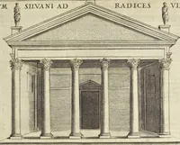 An illustration from Splendore dell'antica e moderna Roma : nel qvale si rappresentano tutti i principali tempii, teatri, anfiteatri, cerchi, naumachie, archi trionfali, obelischi, palagii, terme, curie, basiliche, fatti delli ré, consoli, dittatori, & imperadori romani : dignità ciuili, e militari, ordine de' trionfi, nomi di tutti i trionfanti, sacrificio militare; colonna Traiana, colonna Antonina, colonna milliaria, colonna rostrata, & colonna bellica; con li più segnalati giardini de gli antichi, e moderni Romani & altre cose notabili, con fatti, & imprese di quelli, da'quali sono stati eretti, e dedicati. : et in questa vltima impressione abbellito di molti disegni antichi, e moderni; & aggiuntoui le descrittioni delle figure cauate dall'antichi medaglie de gl'imperadori, in quatto linguagi latino, italiano, tedesco, e francese, per vtilità commune (1641)