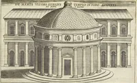 An illustration from Splendore dell'antica e moderna Roma : nel qvale si rappresentano tutti i principali tempii, teatri, anfiteatri, cerchi, naumachie, archi trionfali, obelischi, palagii, terme, curie, basiliche, fatti delli ré, consoli, dittatori, & imperadori romani : dignità ciuili, e militari, ordine de' trionfi, nomi di tutti i trionfanti, sacrificio militare; colonna Traiana, colonna Antonina, colonna milliaria, colonna rostrata, & colonna bellica; con li più segnalati giardini de gli antichi, e moderni Romani & altre cose notabili, con fatti, & imprese di quelli, da'quali sono stati eretti, e dedicati. : et in questa vltima impressione abbellito di molti disegni antichi, e moderni; & aggiuntoui le descrittioni delle figure cauate dall'antichi medaglie de gl'imperadori, in quatto linguagi latino, italiano, tedesco, e francese, per vtilità commune (1641)