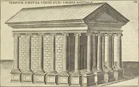 An illustration from Splendore dell'antica e moderna Roma : nel qvale si rappresentano tutti i principali tempii, teatri, anfiteatri, cerchi, naumachie, archi trionfali, obelischi, palagii, terme, curie, basiliche, fatti delli ré, consoli, dittatori, & imperadori romani : dignità ciuili, e militari, ordine de' trionfi, nomi di tutti i trionfanti, sacrificio militare; colonna Traiana, colonna Antonina, colonna milliaria, colonna rostrata, & colonna bellica; con li più segnalati giardini de gli antichi, e moderni Romani & altre cose notabili, con fatti, & imprese di quelli, da'quali sono stati eretti, e dedicati. : et in questa vltima impressione abbellito di molti disegni antichi, e moderni; & aggiuntoui le descrittioni delle figure cauate dall'antichi medaglie de gl'imperadori, in quatto linguagi latino, italiano, tedesco, e francese, per vtilità commune (1641)
