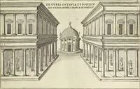 Picture 55 of 168 from Splendore dell'antica e moderna Roma : nel qvale si rappresentano tutti i principali tempii, teatri, anfiteatri, cerchi, naumachie, archi trionfali, obelischi, palagii, terme, curie, basiliche, fatti delli ré, consoli, dittatori, & imperadori romani : dignità ciuili, e militari, ordine de' trionfi, nomi di tutti i trionfanti, sacrificio militare; colonna Traiana, colonna Antonina, colonna milliaria, colonna rostrata, & colonna bellica; con li più segnalati giardini de gli antichi, e moderni Romani & altre cose notabili, con fatti, & imprese di quelli, da'quali sono stati eretti, e dedicati. : et in questa vltima impressione abbellito di molti disegni antichi, e moderni; & aggiuntoui le descrittioni delle figure cauate dall'antichi medaglie de gl'imperadori, in quatto linguagi latino, italiano, tedesco, e francese, per vtilità commune (1641), leaf 130