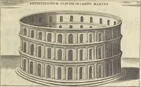 Picture 56 of 168 from Splendore dell'antica e moderna Roma : nel qvale si rappresentano tutti i principali tempii, teatri, anfiteatri, cerchi, naumachie, archi trionfali, obelischi, palagii, terme, curie, basiliche, fatti delli ré, consoli, dittatori, & imperadori romani : dignità ciuili, e militari, ordine de' trionfi, nomi di tutti i trionfanti, sacrificio militare; colonna Traiana, colonna Antonina, colonna milliaria, colonna rostrata, & colonna bellica; con li più segnalati giardini de gli antichi, e moderni Romani & altre cose notabili, con fatti, & imprese di quelli, da'quali sono stati eretti, e dedicati. : et in questa vltima impressione abbellito di molti disegni antichi, e moderni; & aggiuntoui le descrittioni delle figure cauate dall'antichi medaglie de gl'imperadori, in quatto linguagi latino, italiano, tedesco, e francese, per vtilità commune (1641), leaf 132