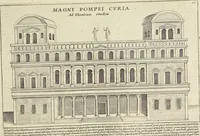 An illustration from Splendore dell'antica e moderna Roma : nel qvale si rappresentano tutti i principali tempii, teatri, anfiteatri, cerchi, naumachie, archi trionfali, obelischi, palagii, terme, curie, basiliche, fatti delli ré, consoli, dittatori, & imperadori romani : dignità ciuili, e militari, ordine de' trionfi, nomi di tutti i trionfanti, sacrificio militare; colonna Traiana, colonna Antonina, colonna milliaria, colonna rostrata, & colonna bellica; con li più segnalati giardini de gli antichi, e moderni Romani & altre cose notabili, con fatti, & imprese di quelli, da'quali sono stati eretti, e dedicati. : et in questa vltima impressione abbellito di molti disegni antichi, e moderni; & aggiuntoui le descrittioni delle figure cauate dall'antichi medaglie de gl'imperadori, in quatto linguagi latino, italiano, tedesco, e francese, per vtilità commune (1641)