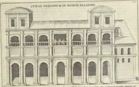 Picture 59 of 168 from Splendore dell'antica e moderna Roma : nel qvale si rappresentano tutti i principali tempii, teatri, anfiteatri, cerchi, naumachie, archi trionfali, obelischi, palagii, terme, curie, basiliche, fatti delli ré, consoli, dittatori, & imperadori romani : dignità ciuili, e militari, ordine de' trionfi, nomi di tutti i trionfanti, sacrificio militare; colonna Traiana, colonna Antonina, colonna milliaria, colonna rostrata, & colonna bellica; con li più segnalati giardini de gli antichi, e moderni Romani & altre cose notabili, con fatti, & imprese di quelli, da'quali sono stati eretti, e dedicati. : et in questa vltima impressione abbellito di molti disegni antichi, e moderni; & aggiuntoui le descrittioni delle figure cauate dall'antichi medaglie de gl'imperadori, in quatto linguagi latino, italiano, tedesco, e francese, per vtilità commune (1641), leaf 138
