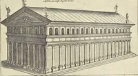 An illustration from Splendore dell'antica e moderna Roma : nel qvale si rappresentano tutti i principali tempii, teatri, anfiteatri, cerchi, naumachie, archi trionfali, obelischi, palagii, terme, curie, basiliche, fatti delli ré, consoli, dittatori, & imperadori romani : dignità ciuili, e militari, ordine de' trionfi, nomi di tutti i trionfanti, sacrificio militare; colonna Traiana, colonna Antonina, colonna milliaria, colonna rostrata, & colonna bellica; con li più segnalati giardini de gli antichi, e moderni Romani & altre cose notabili, con fatti, & imprese di quelli, da'quali sono stati eretti, e dedicati. : et in questa vltima impressione abbellito di molti disegni antichi, e moderni; & aggiuntoui le descrittioni delle figure cauate dall'antichi medaglie de gl'imperadori, in quatto linguagi latino, italiano, tedesco, e francese, per vtilità commune (1641)