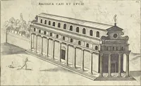 Picture 63 of 168 from Splendore dell'antica e moderna Roma : nel qvale si rappresentano tutti i principali tempii, teatri, anfiteatri, cerchi, naumachie, archi trionfali, obelischi, palagii, terme, curie, basiliche, fatti delli ré, consoli, dittatori, & imperadori romani : dignità ciuili, e militari, ordine de' trionfi, nomi di tutti i trionfanti, sacrificio militare; colonna Traiana, colonna Antonina, colonna milliaria, colonna rostrata, & colonna bellica; con li più segnalati giardini de gli antichi, e moderni Romani & altre cose notabili, con fatti, & imprese di quelli, da'quali sono stati eretti, e dedicati. : et in questa vltima impressione abbellito di molti disegni antichi, e moderni; & aggiuntoui le descrittioni delle figure cauate dall'antichi medaglie de gl'imperadori, in quatto linguagi latino, italiano, tedesco, e francese, per vtilità commune (1641), leaf 146