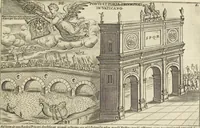 An illustration from Splendore dell'antica e moderna Roma : nel qvale si rappresentano tutti i principali tempii, teatri, anfiteatri, cerchi, naumachie, archi trionfali, obelischi, palagii, terme, curie, basiliche, fatti delli ré, consoli, dittatori, & imperadori romani : dignità ciuili, e militari, ordine de' trionfi, nomi di tutti i trionfanti, sacrificio militare; colonna Traiana, colonna Antonina, colonna milliaria, colonna rostrata, & colonna bellica; con li più segnalati giardini de gli antichi, e moderni Romani & altre cose notabili, con fatti, & imprese di quelli, da'quali sono stati eretti, e dedicati. : et in questa vltima impressione abbellito di molti disegni antichi, e moderni; & aggiuntoui le descrittioni delle figure cauate dall'antichi medaglie de gl'imperadori, in quatto linguagi latino, italiano, tedesco, e francese, per vtilità commune (1641)