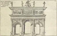 An illustration from Splendore dell'antica e moderna Roma : nel qvale si rappresentano tutti i principali tempii, teatri, anfiteatri, cerchi, naumachie, archi trionfali, obelischi, palagii, terme, curie, basiliche, fatti delli ré, consoli, dittatori, & imperadori romani : dignità ciuili, e militari, ordine de' trionfi, nomi di tutti i trionfanti, sacrificio militare; colonna Traiana, colonna Antonina, colonna milliaria, colonna rostrata, & colonna bellica; con li più segnalati giardini de gli antichi, e moderni Romani & altre cose notabili, con fatti, & imprese di quelli, da'quali sono stati eretti, e dedicati. : et in questa vltima impressione abbellito di molti disegni antichi, e moderni; & aggiuntoui le descrittioni delle figure cauate dall'antichi medaglie de gl'imperadori, in quatto linguagi latino, italiano, tedesco, e francese, per vtilità commune (1641)