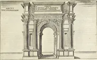 An illustration from Splendore dell'antica e moderna Roma : nel qvale si rappresentano tutti i principali tempii, teatri, anfiteatri, cerchi, naumachie, archi trionfali, obelischi, palagii, terme, curie, basiliche, fatti delli ré, consoli, dittatori, & imperadori romani : dignità ciuili, e militari, ordine de' trionfi, nomi di tutti i trionfanti, sacrificio militare; colonna Traiana, colonna Antonina, colonna milliaria, colonna rostrata, & colonna bellica; con li più segnalati giardini de gli antichi, e moderni Romani & altre cose notabili, con fatti, & imprese di quelli, da'quali sono stati eretti, e dedicati. : et in questa vltima impressione abbellito di molti disegni antichi, e moderni; & aggiuntoui le descrittioni delle figure cauate dall'antichi medaglie de gl'imperadori, in quatto linguagi latino, italiano, tedesco, e francese, per vtilità commune (1641)