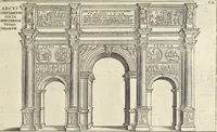An illustration from Splendore dell'antica e moderna Roma : nel qvale si rappresentano tutti i principali tempii, teatri, anfiteatri, cerchi, naumachie, archi trionfali, obelischi, palagii, terme, curie, basiliche, fatti delli ré, consoli, dittatori, & imperadori romani : dignità ciuili, e militari, ordine de' trionfi, nomi di tutti i trionfanti, sacrificio militare; colonna Traiana, colonna Antonina, colonna milliaria, colonna rostrata, & colonna bellica; con li più segnalati giardini de gli antichi, e moderni Romani & altre cose notabili, con fatti, & imprese di quelli, da'quali sono stati eretti, e dedicati. : et in questa vltima impressione abbellito di molti disegni antichi, e moderni; & aggiuntoui le descrittioni delle figure cauate dall'antichi medaglie de gl'imperadori, in quatto linguagi latino, italiano, tedesco, e francese, per vtilità commune (1641)